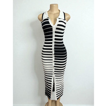 2025跨境新款大码连衣裙女夏季黑白条纹针织裙子非洲外贸女装批发