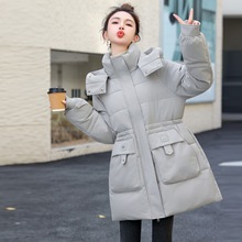 欧洲站羽绒棉服女中长款加厚冬装时尚连帽抽绳收腰大口袋保暖棉衣