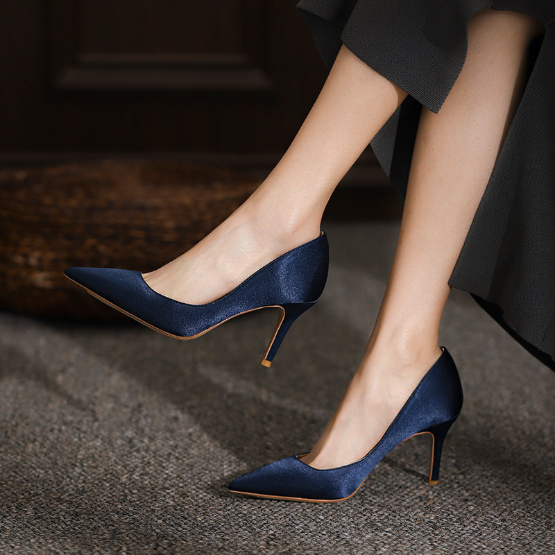 Sufimisu Satin Surface Royal Blue High-Heeled Shoes for Women with Pointed Toe and Thin Heels, Elegant and Versatile Dark Blue Women's Shoes