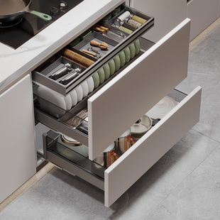 Space Aluminum Alloy Dish Basket Three-Layer Pull Basket Drawer-Type Kitchen Cabinet Kitchen Cabinet Dish Rack Damping Other