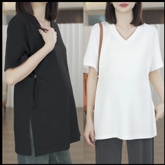 夏の新型半袖の女性の妊娠期のファッションの薄いタイプのゆったりしていて怠惰な風は腹を遮りますv襟の百合はやせているtシャツの上着の女性を現します。