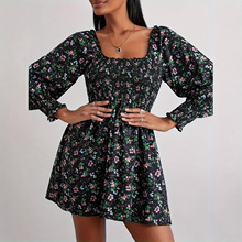 2025春季亚马逊TIKTOK跨境欧复古灯笼长袖打揽收腰印花连衣裙