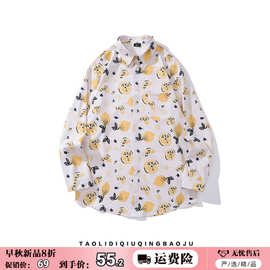 一件代发趣味卡通柠檬印花长袖衬衫男女复古宽松休闲开衫衬衣外套