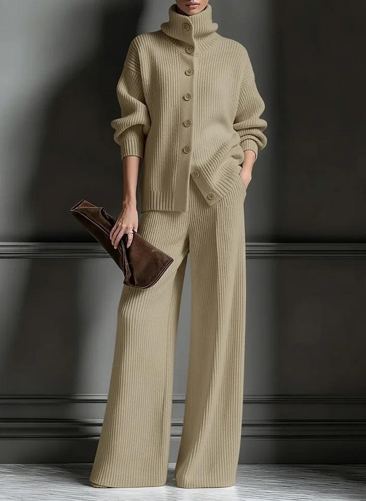 turtleneck Solid Color Cardigan Long-sleeved Top Wide-leg Pants Set Knitted 2-piece Set_ecoleips.com