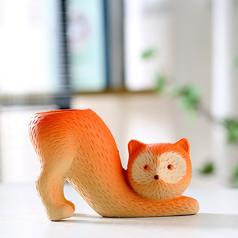 Gradient Fox Small Animal Succulent Flower Pot Ceramic Household Special Breathable Clay Coarse Pottery Root Control Pot Wholesale Clearance