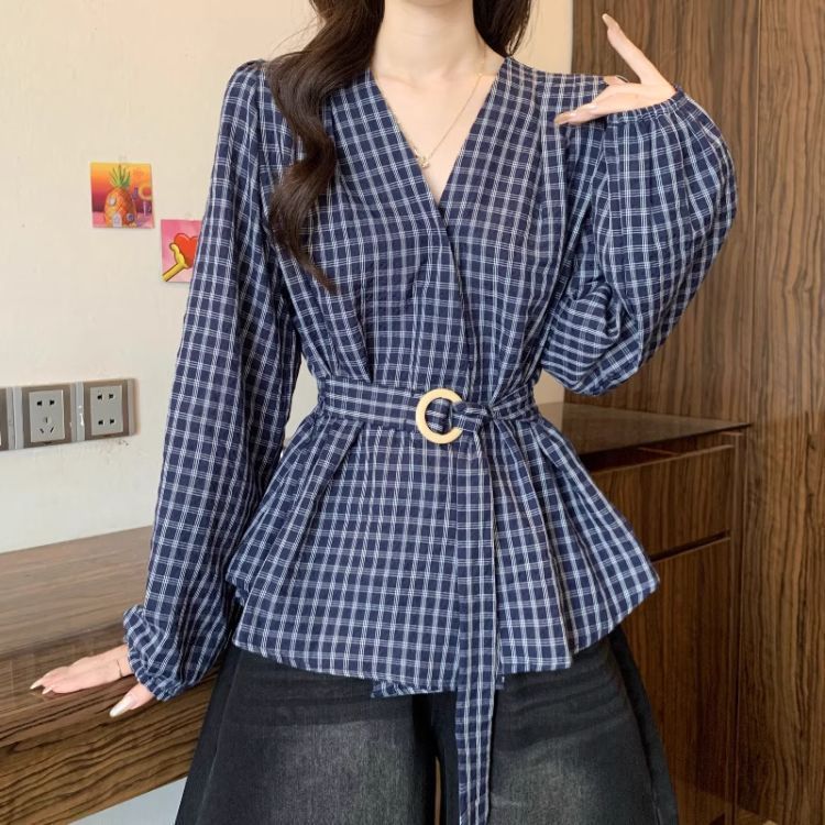 深蓝色格子长袖衬衫女秋装2025新款大码胖高级收腰绑带遮肚上衣|undefined