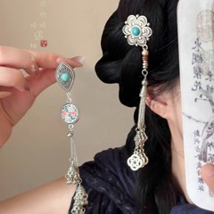 蒙古绿松石花朵流苏发夹女新中式国风复古刘海侧边夹古风发饰头饰