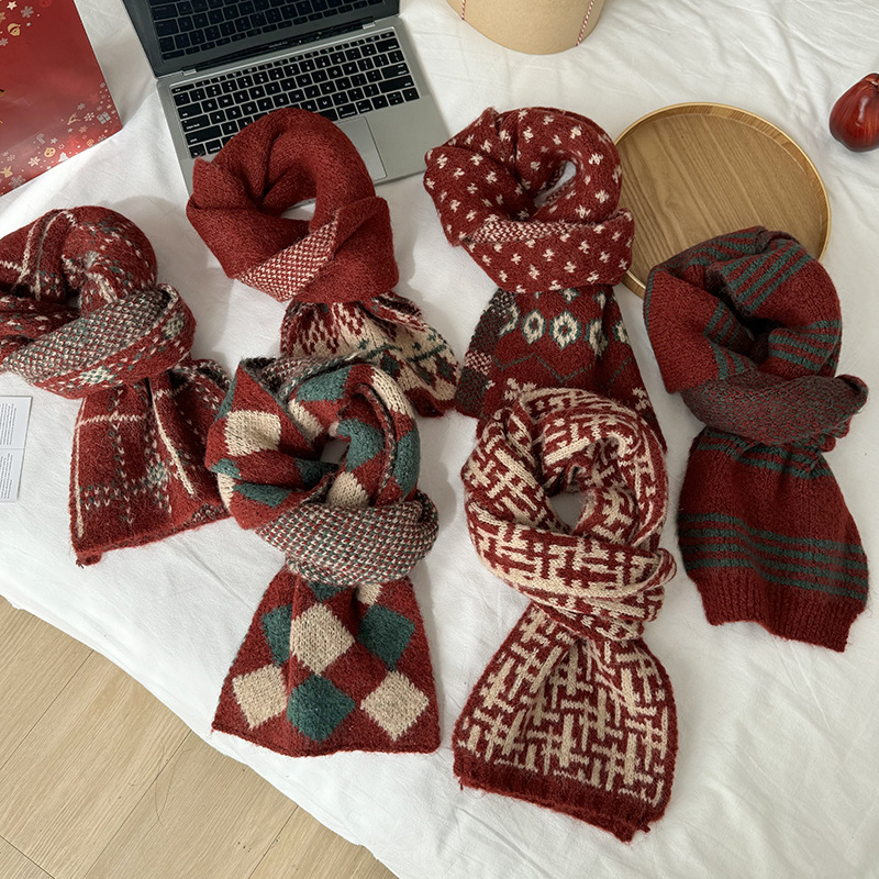 New Wool Scarf Women's Autumn and Winter Warm Joker Scarf Thickened Couple Knitted Cashmere Christmas Scarf Wholesale