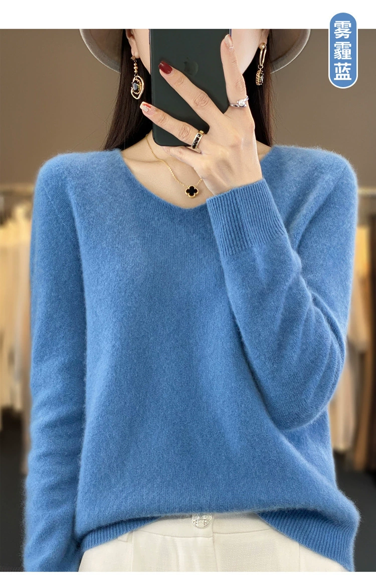 Вязаный свитер с V-образным вырезом, oversize, женский демисезон 100% шерсть, свободный покрой