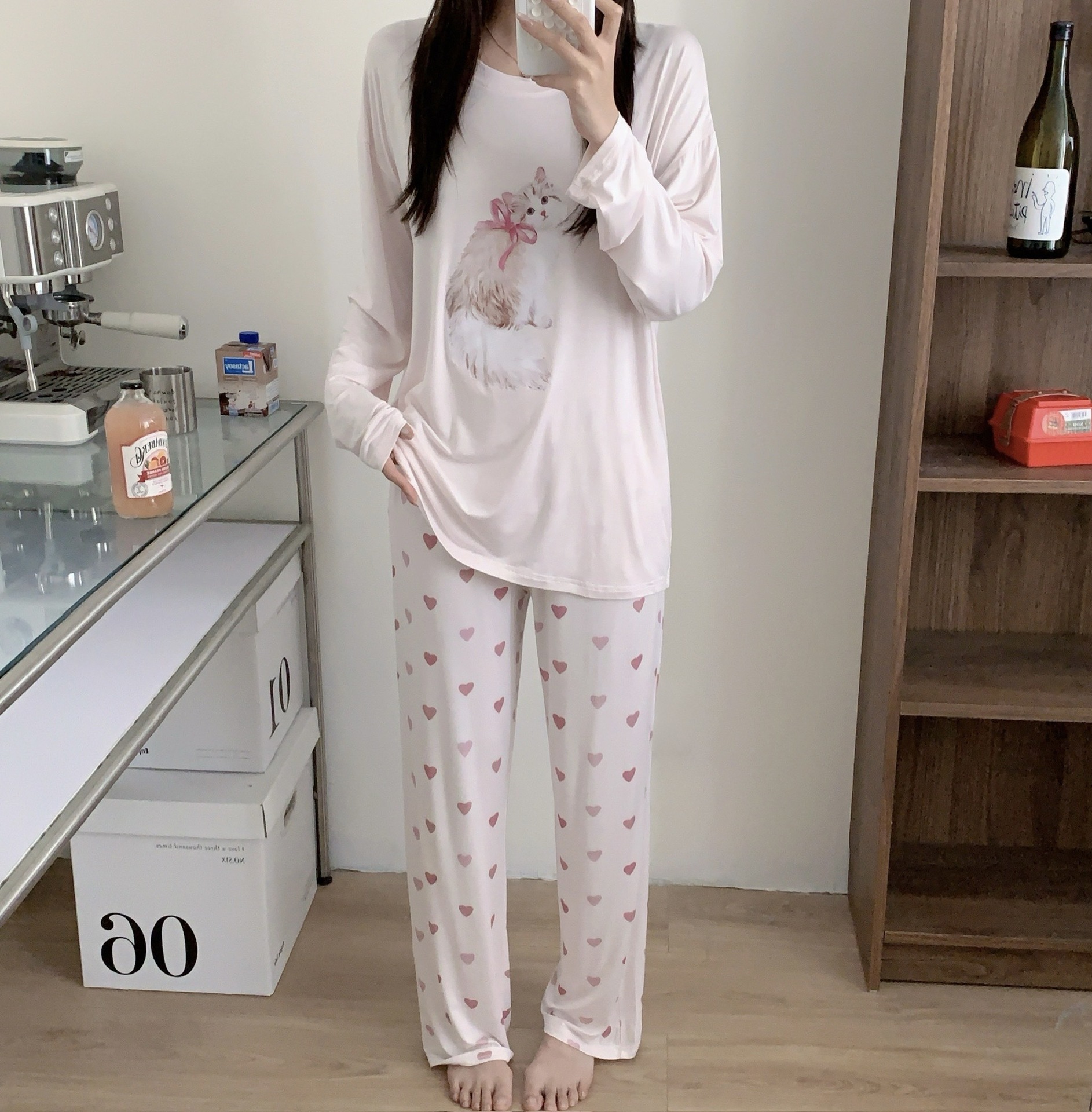 모달 오렌지 캣 라운드넥 롱세트 핑크