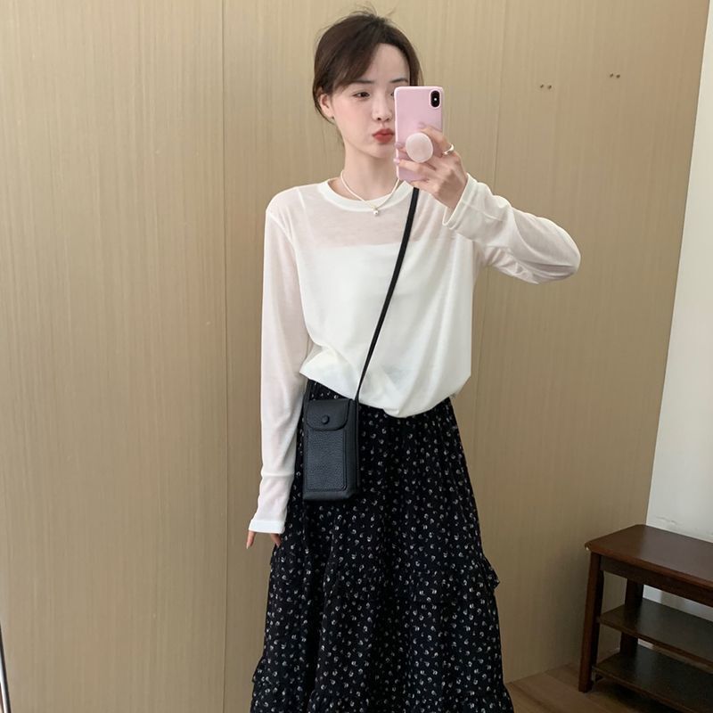 年齢軽減ソリッドカラーベーシックテンセルマスク服2025夏新作韓国風ラウンドネック万能ルーズスリムトップ|undefined