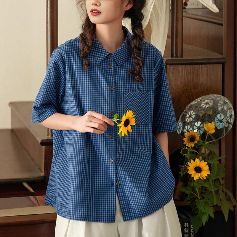 Hong Kong Style Retro Blue Plaid Shirt Women's Pure Cotton Summer Thin Japanese-style College-style Loose Casual Short-sleeved Shirt