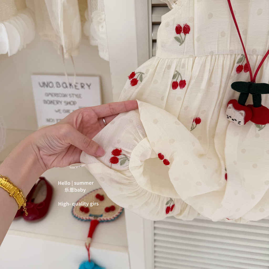 [Le En baby] Vestido de princesa dulce para niña de verano Vestido de cereza con cuello de muñeca de estilo occidental Vestido de chaleco lindo