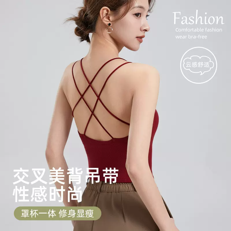 美式甜辣小吊带背心女外穿夏带胸垫美背内搭文胸一体打底抹胸上衣