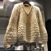 韩国东大门秋冬新款时尚领慵懒风灯笼袖粗线针织保暖毛衣女
