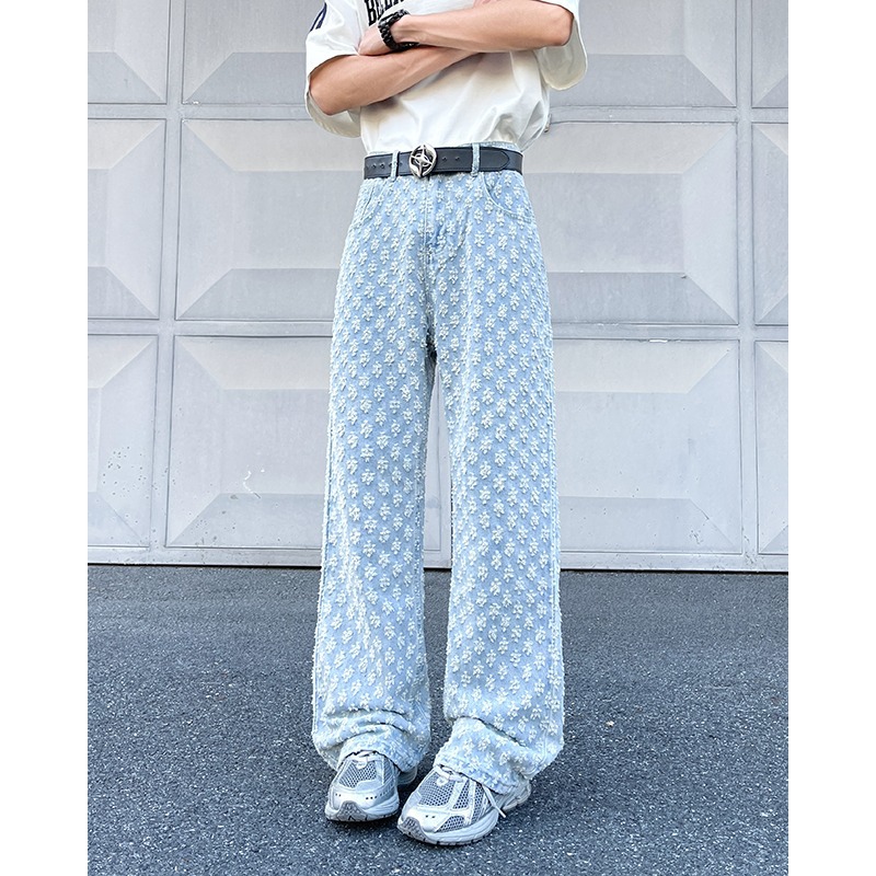 Men's Summer Jacquard All over Print plus Size Tall Extra Long Flared Pants mid Waist Straight Blue Jeans High Street Style_voghion.com