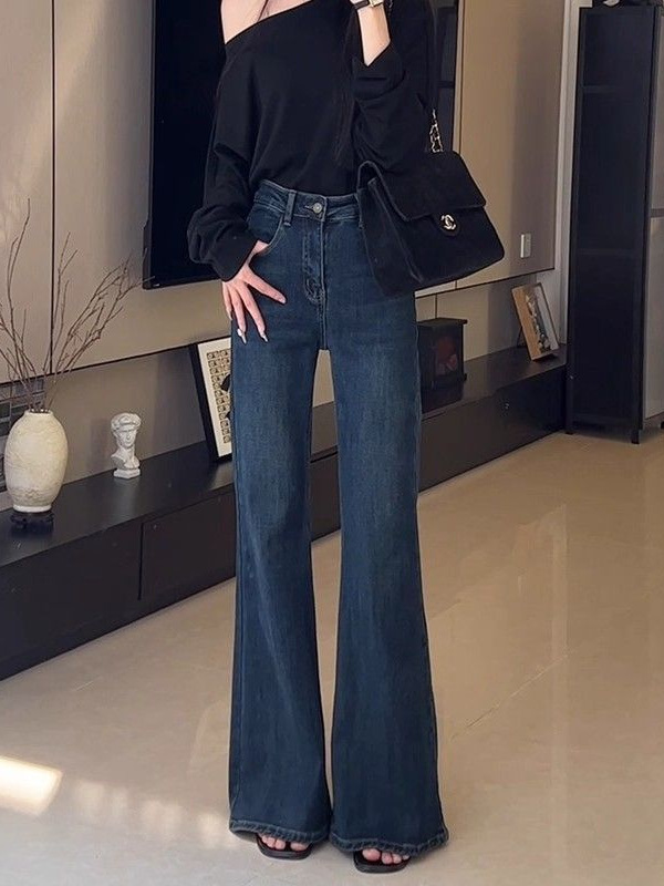 加绒保暖复古蓝高腰微喇牛仔裤女宽松显瘦时尚百搭不贴腿微喇裤子|undefined