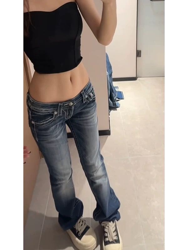 ​​Women's Y2K Low Waist Embroidered Flared Jeans – Vintage Bluish Denim Wide Leg Pants (S-XL)​​_mkmklike.com