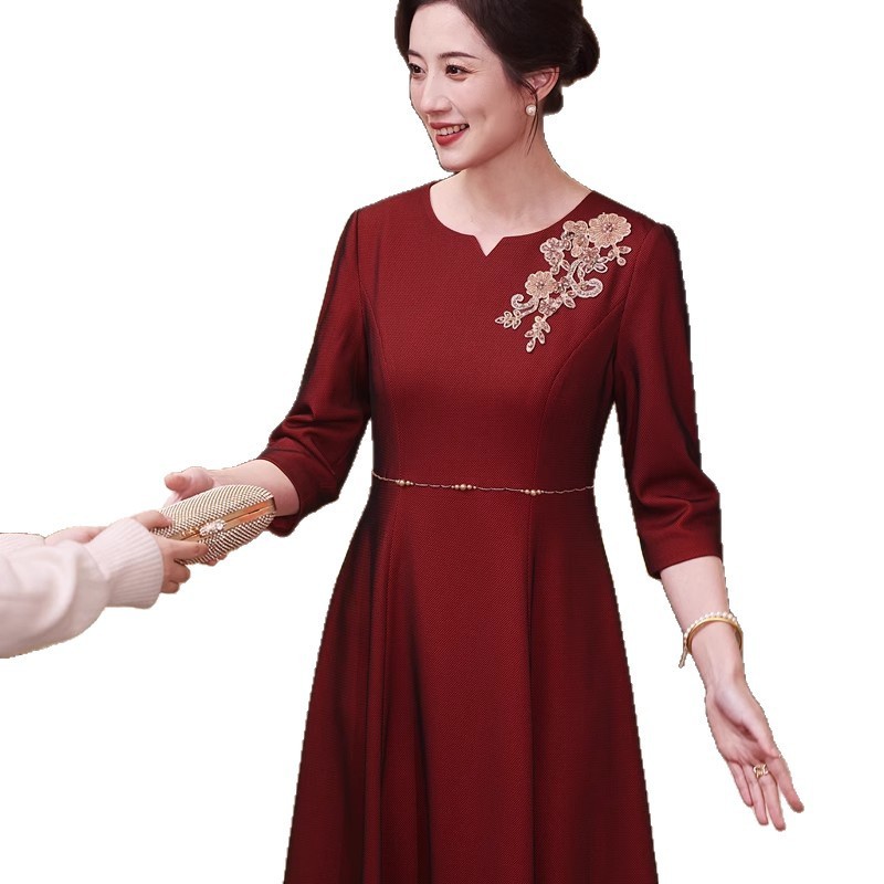 yhfs7941喜婆婆婚宴装酒红色礼服裙2025夏季洋气年轻妈妈装连衣裙|undefined