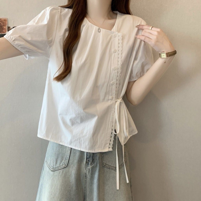 Summer Plus-Size Women's Clothing, Korean-Style Sweet Design, Lace-Up Side-Tie Loose Shirt, Belly-Covering New National Style Short-Sleeved Shirt Summer Plus-Size Women's Clothing, Korean-Style Sweet Design, Lace-Up Side-Tie Loose Shirt, Belly-Covering New National Style Short-Sleeved Shirt