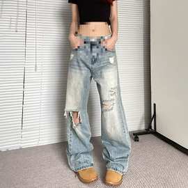 胖妹妹膝盖破洞阔腿牛仔裤大码女装宽松遮胯夏季款欧货洋气乞丐裤