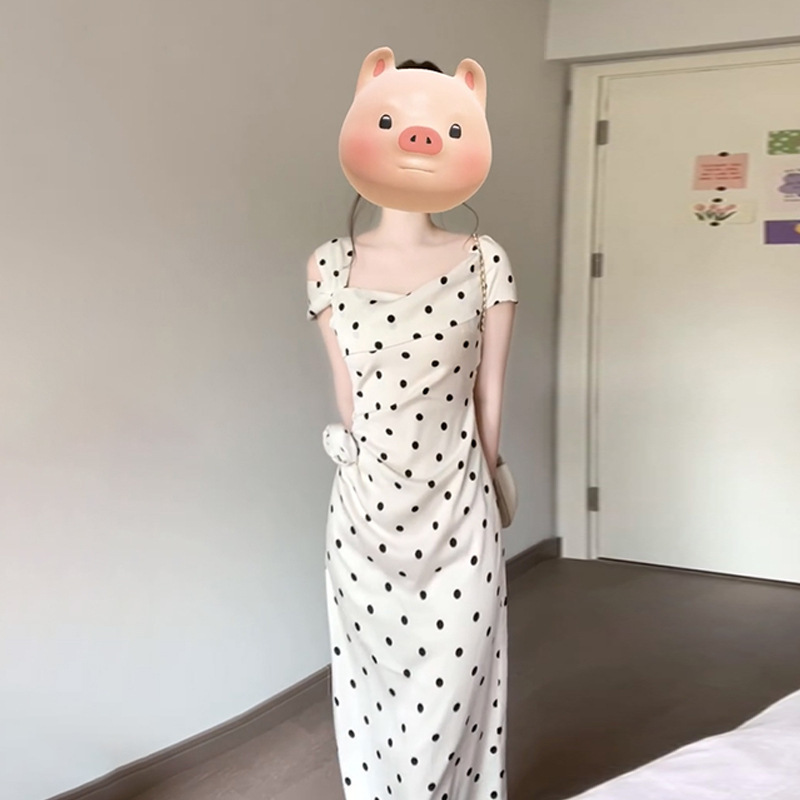 150 ショートフレンチポルカドットドレス女性の春夏スリムスリムサスペンダースカートウエスト A ラインミドル丈スカート|undefined