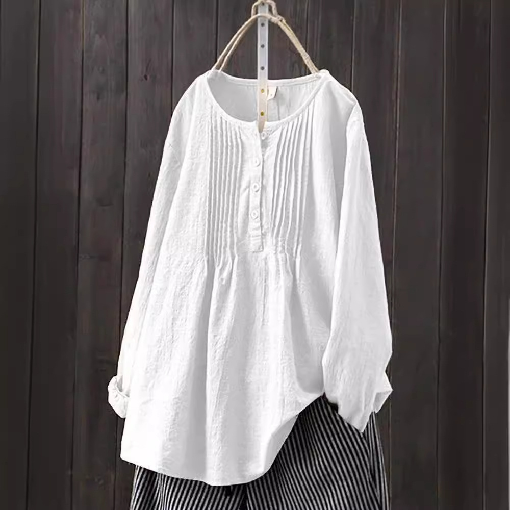 Gran cantidad de stock de comercio exterior de Amazon nueva camisa de bambú sólido de algodón de lino cuello redondo chaqueta suelta