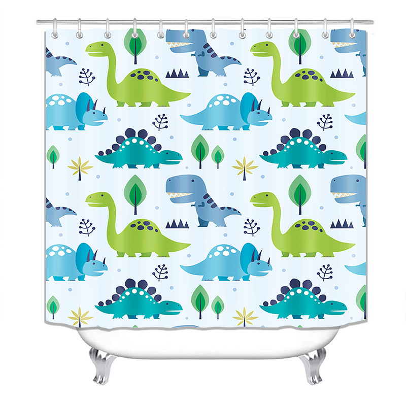 Cortina de ducha de baño de serie de dibujos animados de dinosaurio de impresión digital HD transfronteriza con 12 ganchos de plástico de tipo C