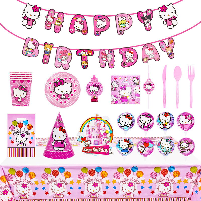 Little Love Kt Cat Theme Birthday Disposable Tableware Tablecloth Paper Plate Paper Cup Knife Fork Spoon Flag Creative Set