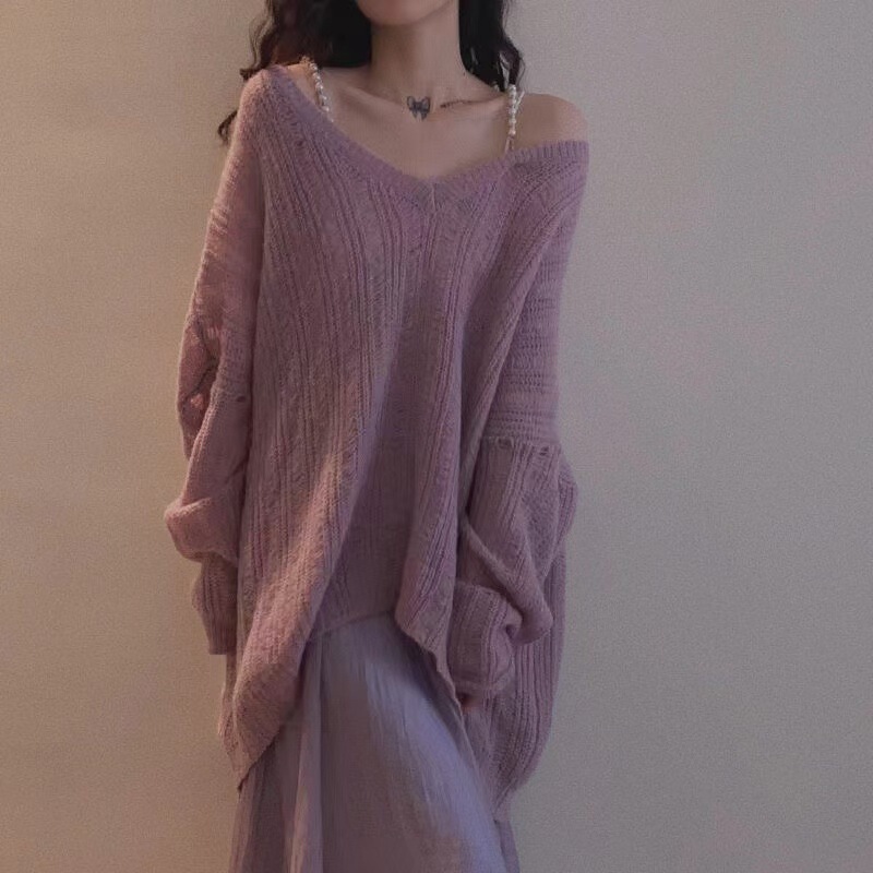 春秋季新款慵懒风针织毛衣女宽松外穿镂空鸡心领休闲显瘦打底衫薄|undefined