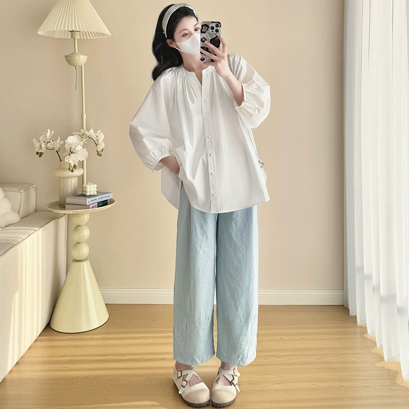 Ранняя весна для беременных 2025 новая рубашка свободная повседневная топ + удобные брюки