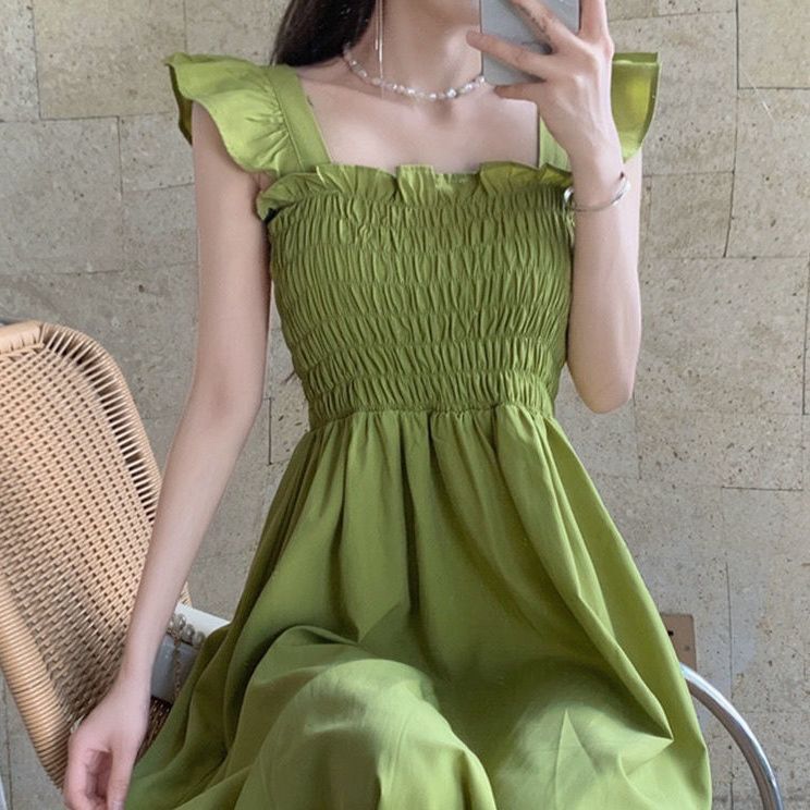 2024 Summer Hepburn Style New French Style Elegant Small Fly Sleeve Pleated Square Collar Tea Mid-Length Skirt Waisted dress