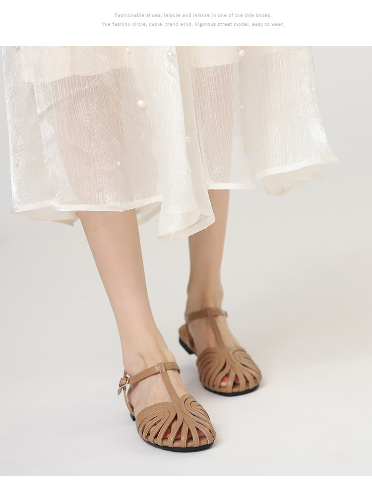 Hollowed Out Closed Toe T Strap Flat Sandals Beach Travel Shoes_voghion.com