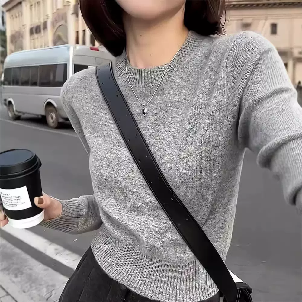 灰色羊毛衫2024新款爆款慵懒风短款针织上衣修身内搭打底衫毛衣女