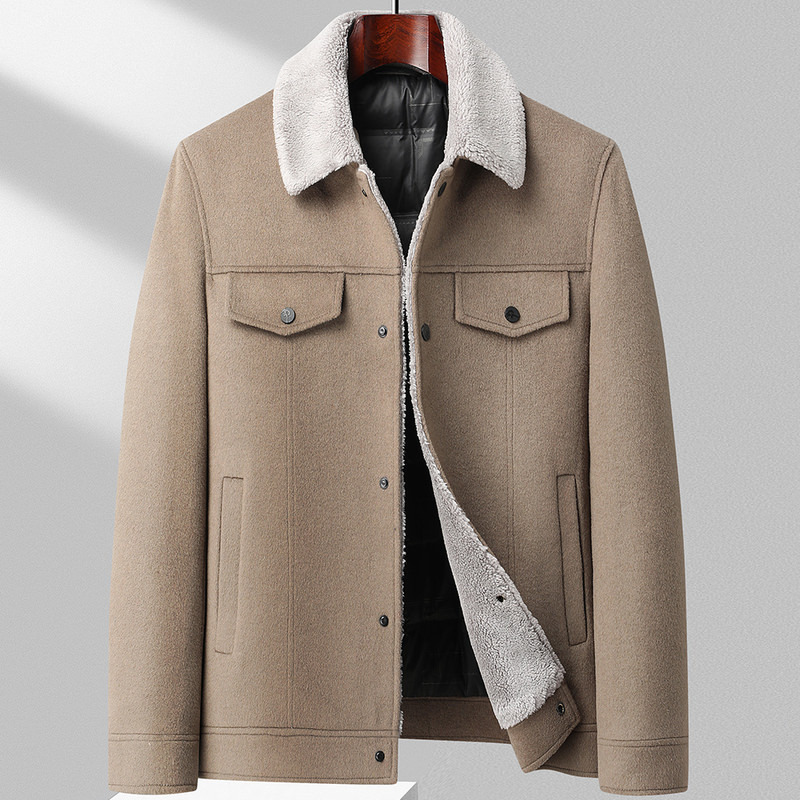 2023秋冬男士羊羔毛领夹克休闲男士加厚双面呢大衣带羽绒内胆3316