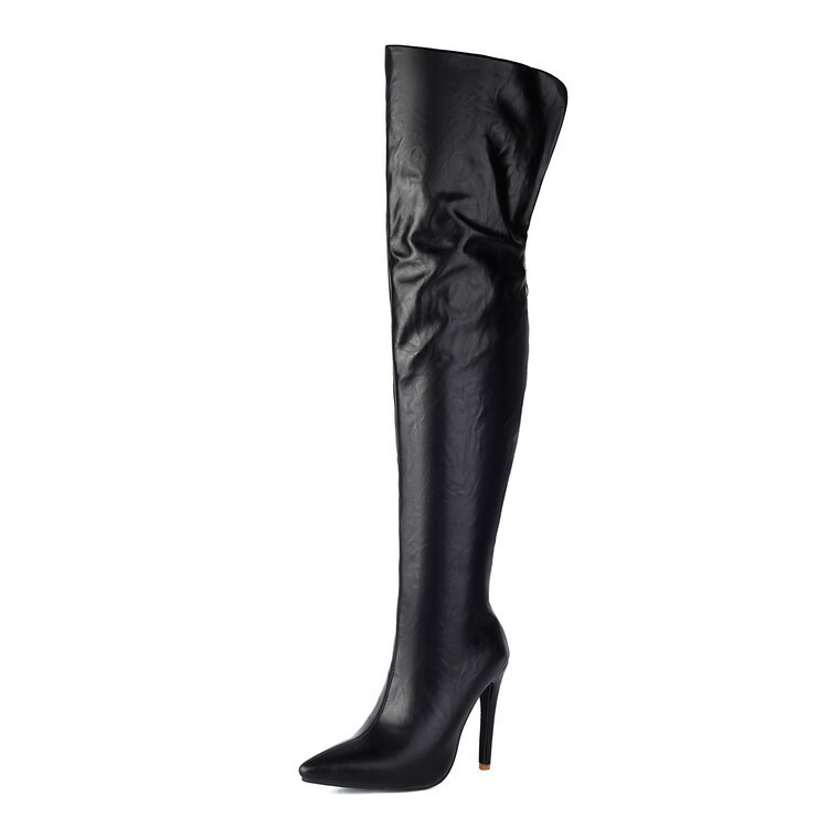 Modische Stiefel mit spitzem Reißverschluss hinten und Stilettoabsatz. Stiefel mit schmalem Bein. Overknee-Lederstiefel für Damen 47_voghion.com