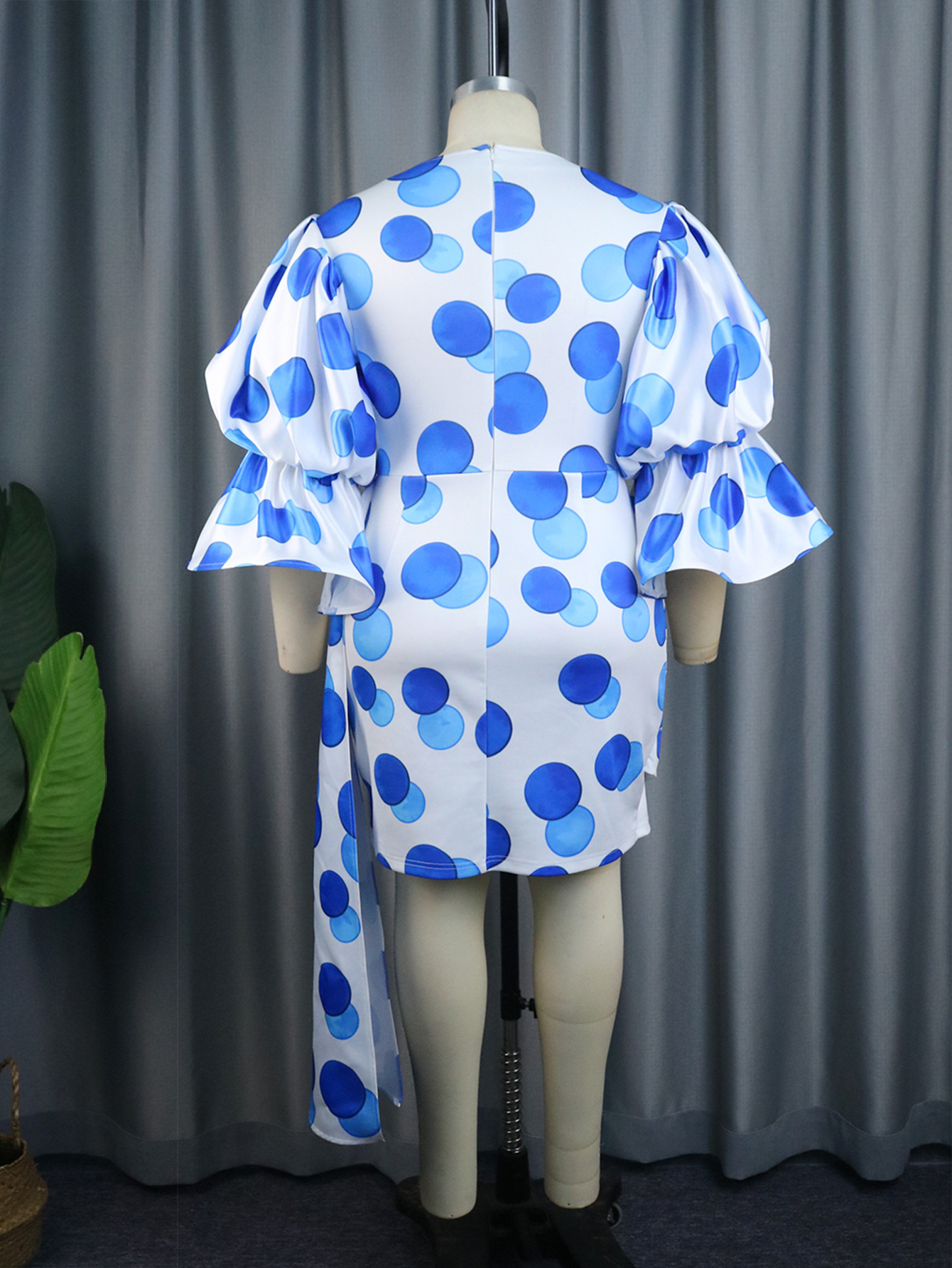 Casual Round Neck Flared Sleeves Dress Polka Dot Ribbon Pleated Hip Dresses