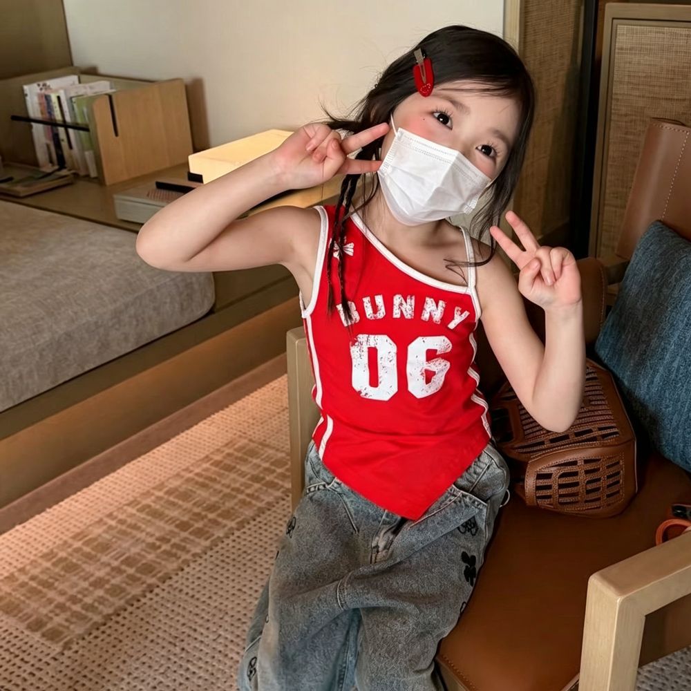 Girls' summer vest, stylish and trendy, Korean style, irregular sporty letter stripes, red suspender top