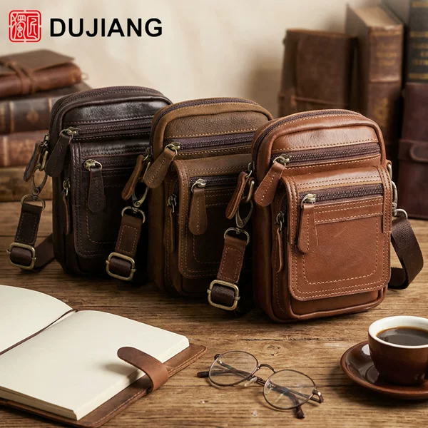 New multifunctional genuine leather phone waist bag for men, top-layer cowhide crossbody bag, portable storage bag for outdoor cycling