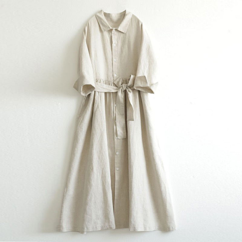 意大利品牌外贸尾单女清仓系带收腰中袖七分袖亚麻棉麻衬衫连衣裙