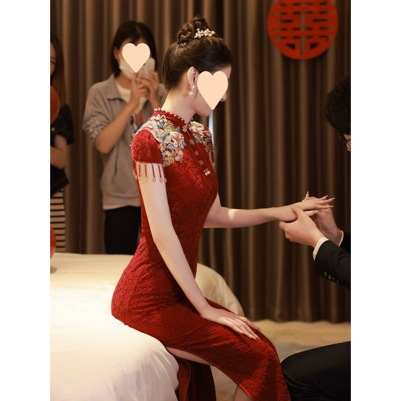 Винно-красный тост cheongsam костюм невеста свадебный новый китайский стиль помолвка платье назад весеннее платье с длинными рукавами темперамент