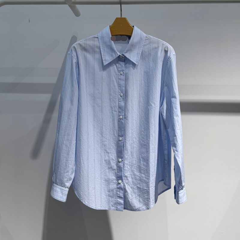 Mm Mall Same Style 2025 Autumn New Light Blue Pure Cotton Turn-Down Collar Long-Sleeve Striped Versatile Shirt Top 5g8222801