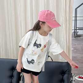 女童装夏款休闲宽松卡通印花纯棉短袖T恤儿童时尚圆领百搭上衣潮
