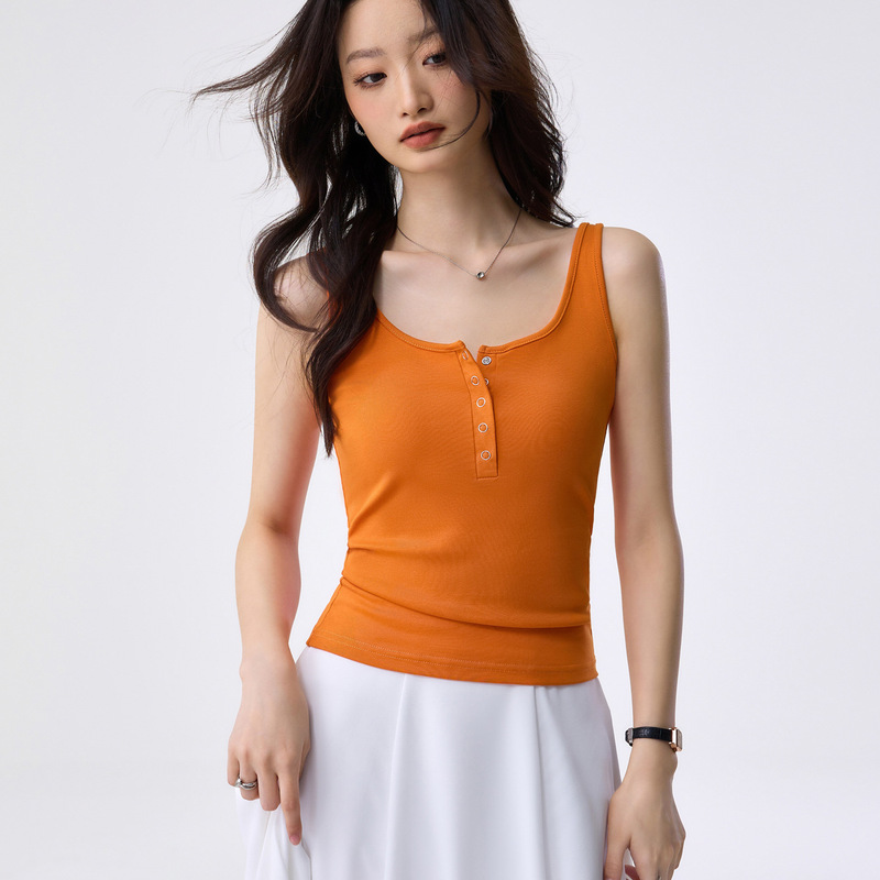 40-Count Combed Pure Cotton Square-Neck Henley Buttoned Camisole for Women, New Summer Slim-Fit Base Shirt 40-Count Combed Pure Cotton Square-Neck Henley Buttoned Camisole for Women, New Summer Slim-Fit Base Shirt
