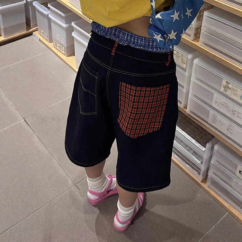 American-Style Dark Blue Plaid Denim Shorts for Women, Summer Straight Versatile Mid-Length Wide-Leg Cropped Shorts for Women