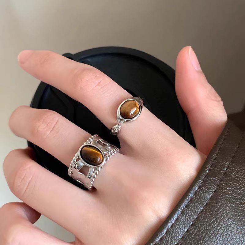 Melard Tigerauge-Ring für Damen, offener Ring, Niche Design Sense, massiver, ovaler Ring für den Zeigefinger_voghion.com