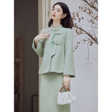 春秋不规则新中式竹子绿刺绣盘扣复古外套半身裙时尚套装两件套