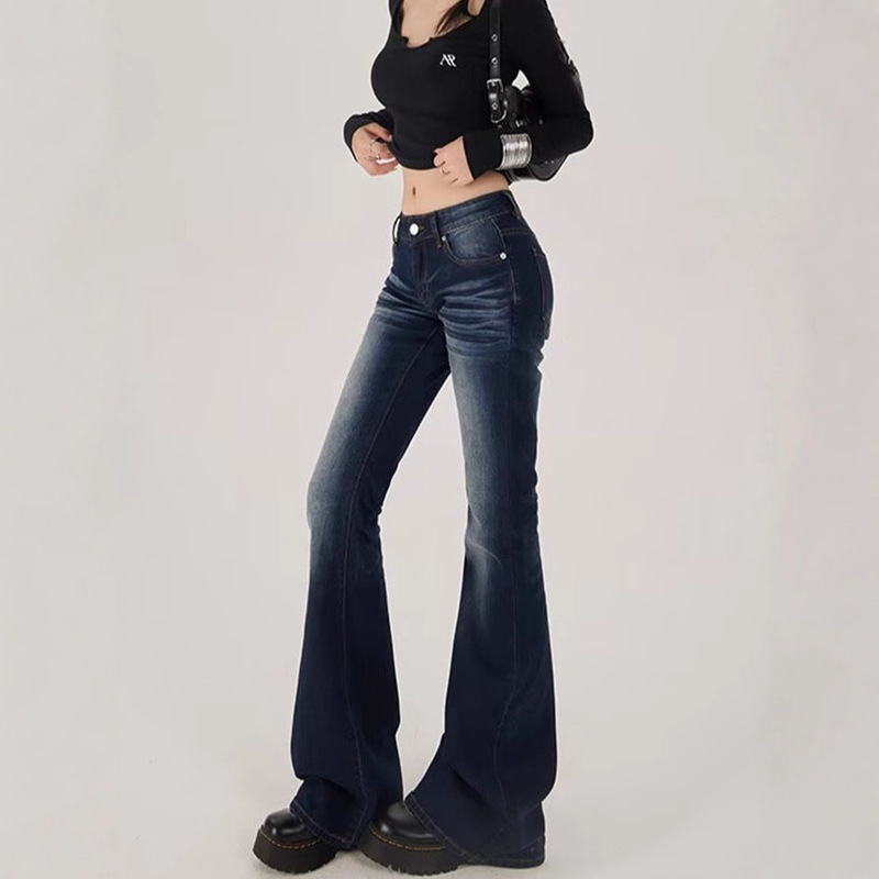 Petite Dark Blue Flared Jeans for Women, American Retro Style, Low Elasticity, Slim Fit, Low Waist, Bell-Bottom Pants