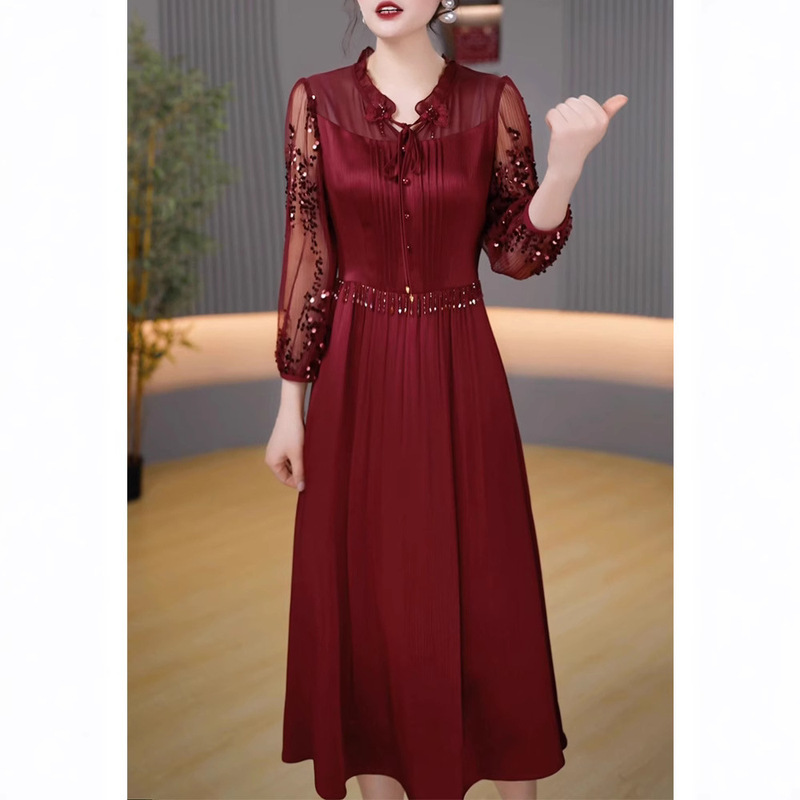 2026 Spring and Autumn New Style Elegant Mother-In-Law Wedding Banquet Dress for Women, High-End Luxurious Three-Quarter Sleeve Thin Dress