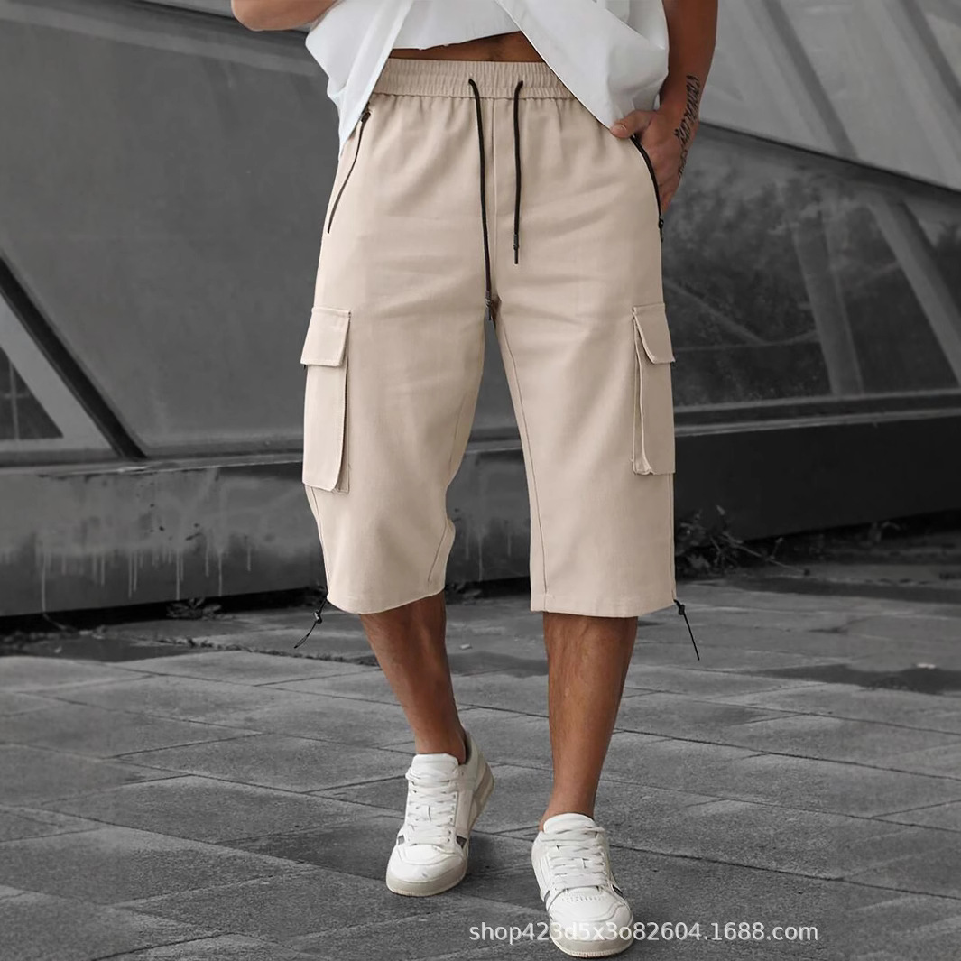 Men's Shorts Cropped Cargo Pants Woven Twill Fabric Multi-Pocket Casual Pants Waist Drawstring Cropped Pants